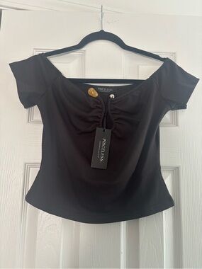 Priceless Black Off-Shoulder Ruched Crop Top